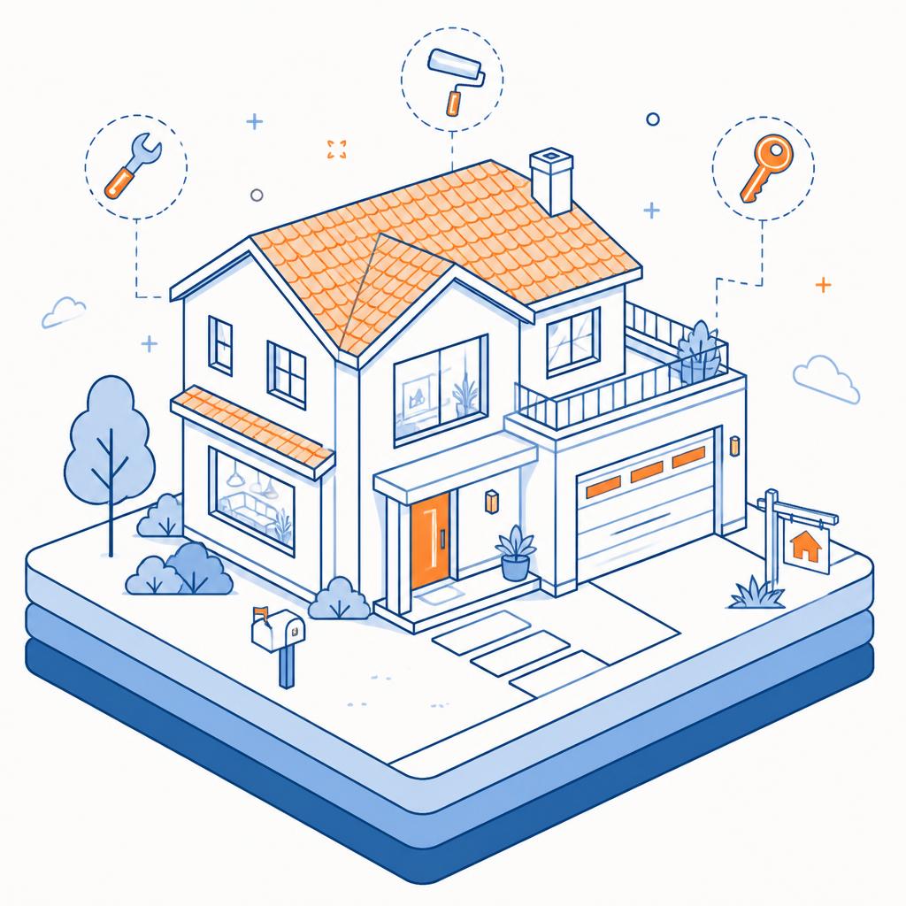 Illustration of a friendly home with roof, garage, and floor coatings highlighted